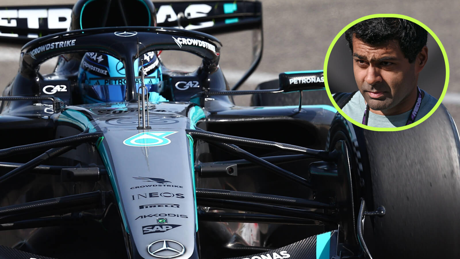 George Russell in the W17, Karun Chandhok in the circle