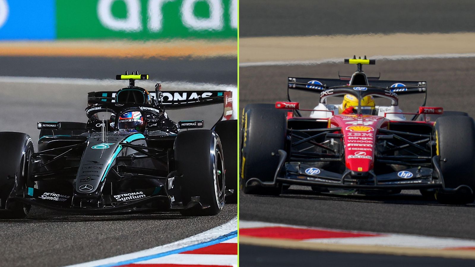 Kimi Antonelli, Mercedes, left, and Lewis Hamilton, Ferrari, right, on track during Bahrain 2026 testing