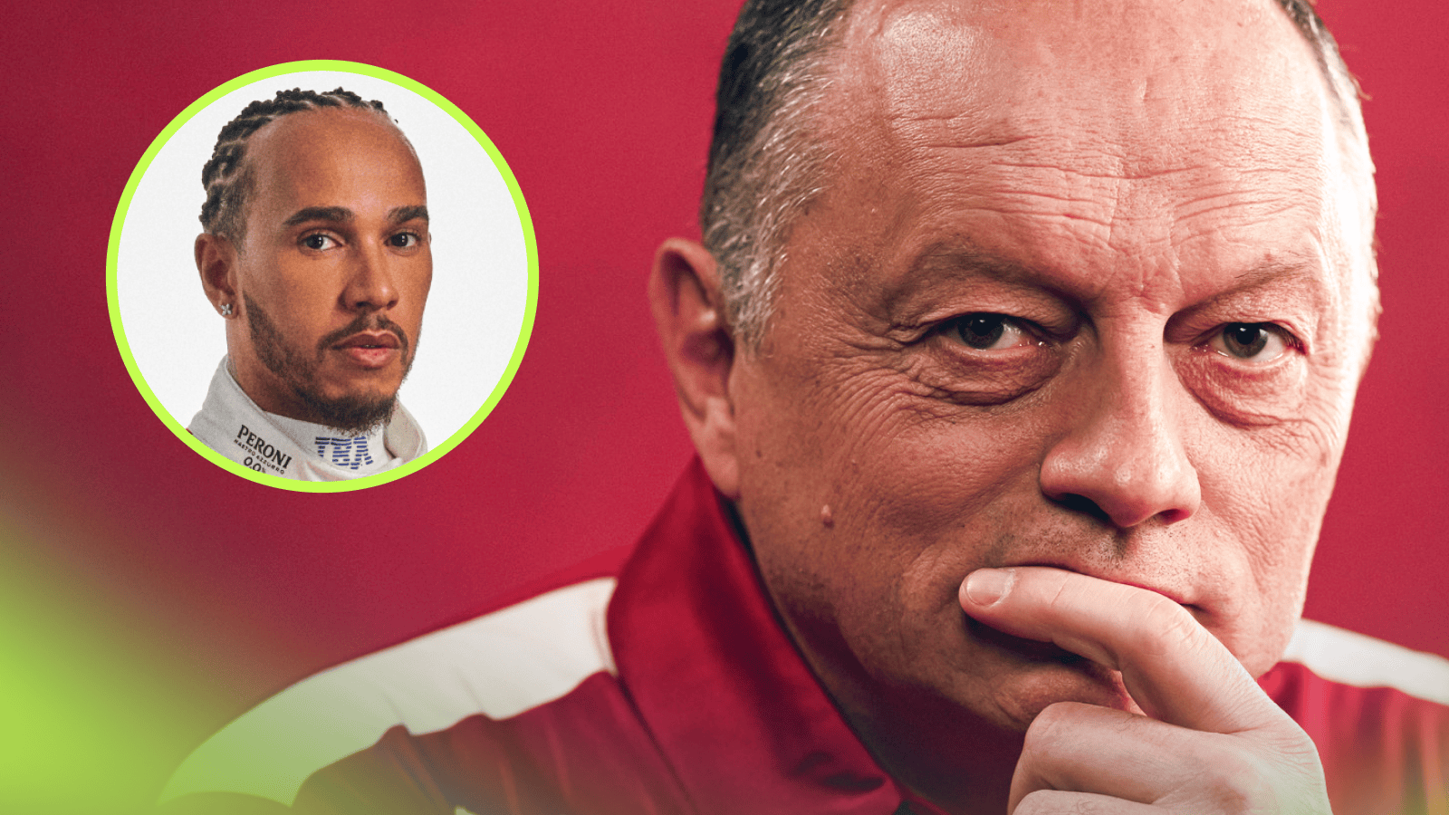 A close-up shot of Fred Vasseur with his finger covering his mouth with an inset of Lewis Hamilton in Ferrari overalls
