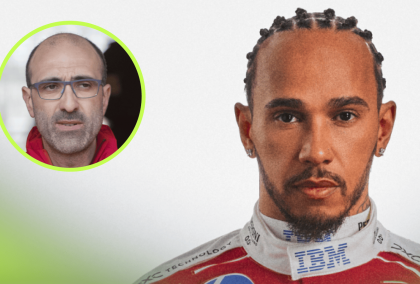 A portrait shot of Lewis Hamilton with an inset of Carlo Santi