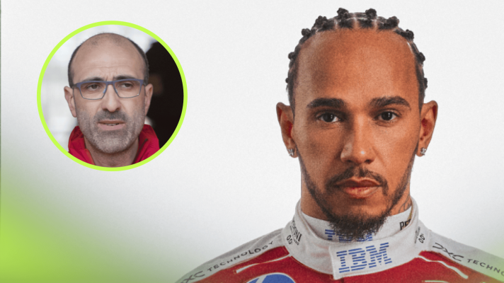 A portrait shot of Lewis Hamilton with an inset of Carlo Santi