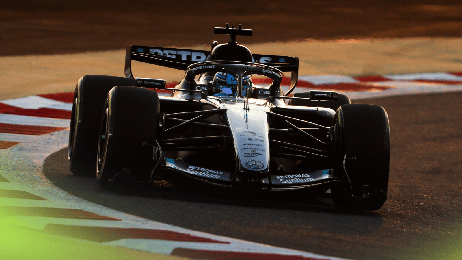 An action shot of George Russell's Mercedes on track in Bahrain