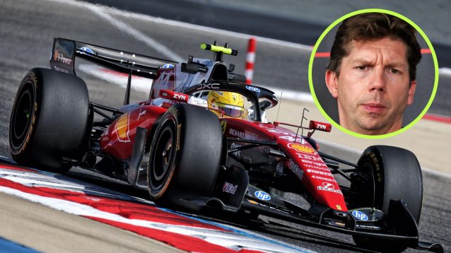 Lewis Hamilton driving the Ferrari SF-26 in Bahrain testing, as Williams boss James Vowles appears in a top right circle