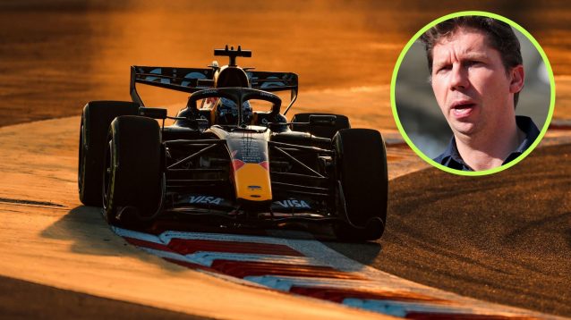 Max Verstappen driving the Red Bull RB22 during Bahrain 2026 testing, as James Vowles, Williams, appears in a top right circle