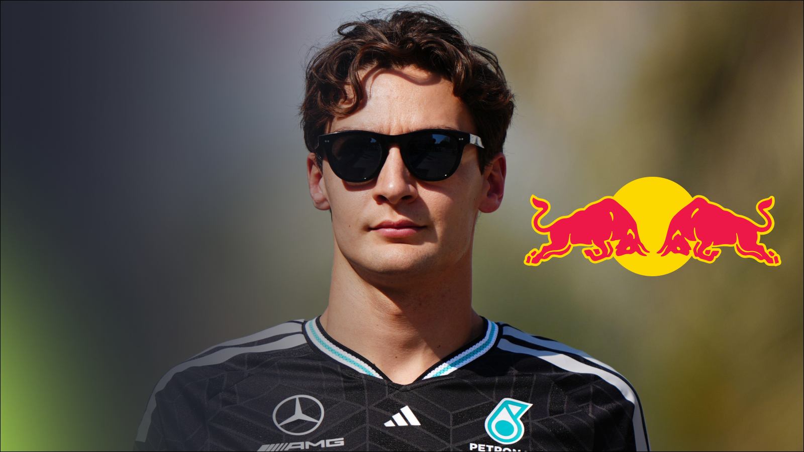 Mercedes driver George Russell alongside the Red Bull logo.
