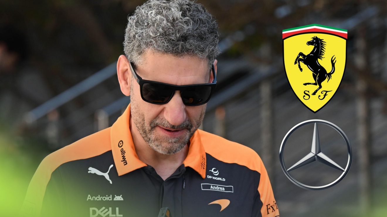 McLaren team principal Andrea Stella pictured at Bahrain 2026 testing, with Ferrari (above) and Mercedes (below) logos on the right