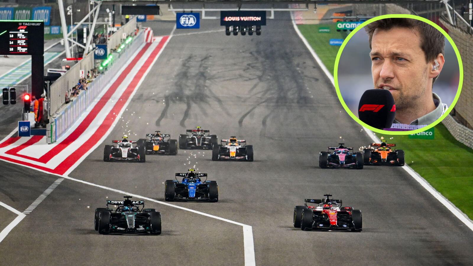 George Russell makes a race start, Jolyon Palmer in the circle