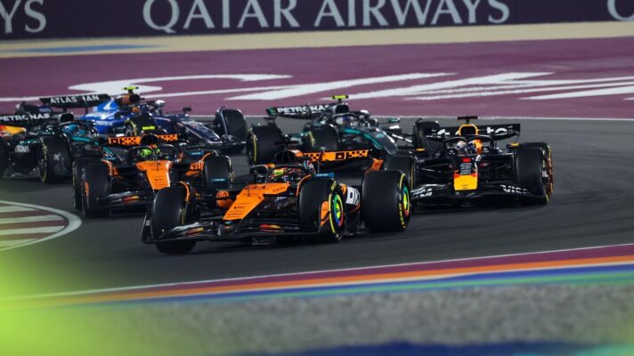 Max Verstappen and Oscar Piastri lead the pack through the first corner at the 2025 Qatar Grand Prix