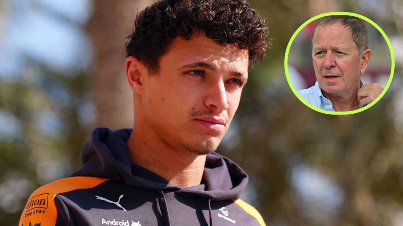 Lando Norris, McLaren, pictured at Bahrain 2026 testing, as Martin Brundle appears in a top right circle