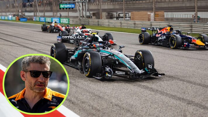 A practice start takes place at Bahrain 2026 testing, as McLaren team principal Andrea Stella appears in a bottom left circle