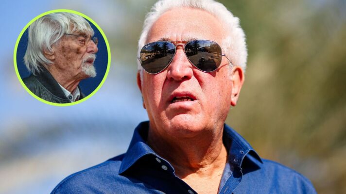 Aston Martin F1 team owner Lawrence Stroll pictured at Bahrain 2026 testing, as Bernie Ecclestone appears in a top left circle