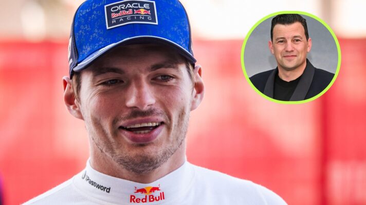 Max Verstappen, Red Bull, pictured at Bahrain 2026 testing, as Will Buxton appears in a top right circle