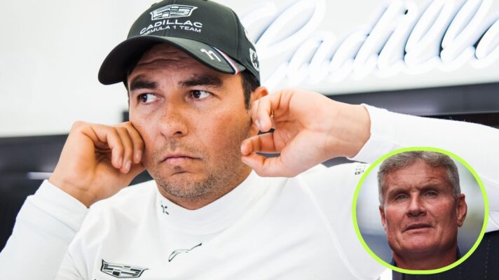 Sergio Perez pictured in the Cadillac garage at Bahrain 2026 testing, as David Coulthard appears in a bottom right circle