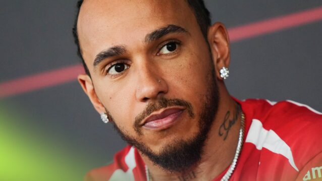 A close-up shot of Lewis Hamilton in a press conference in Bahrain