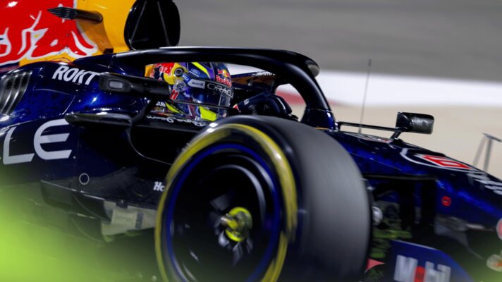 An action shot of Isack Hadjar's Red Bull on track in Bahrain