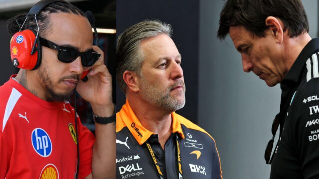 From left to right, Lewis Hamilton, Ferrari, Zak Brown, McLaren, and Toto Wolff, Mercedes, pictured at Bahrain 2026 testing