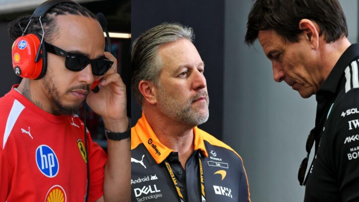 From left to right, Lewis Hamilton, Ferrari, Zak Brown, McLaren, and Toto Wolff, Mercedes, pictured at Bahrain 2026 testing