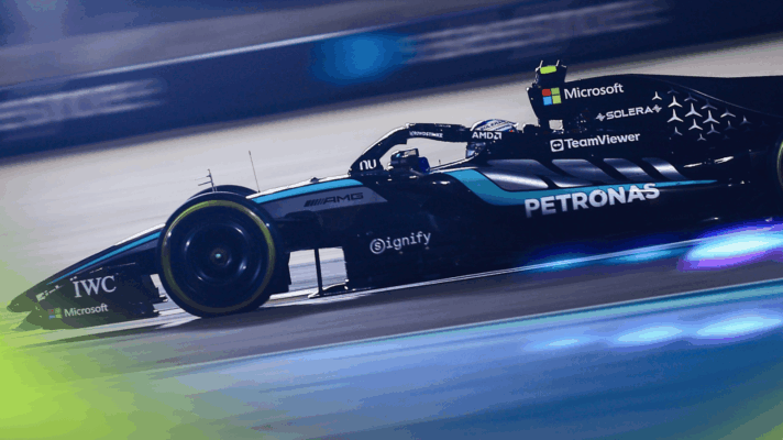 An side-profile shot of Kimi Antonell's Mercedes on track at Bahrain in night