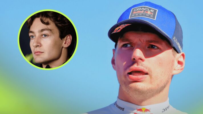 Max Verstappen looks on in the paddock with a bright-blue sky in the background with an inset of George Russell alongside him