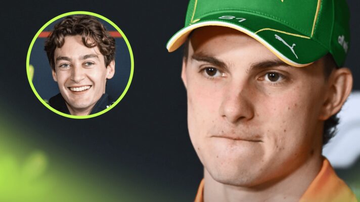 A close-up shot of Oscar Piastri in a press conference with an inset of a smiling George Russell