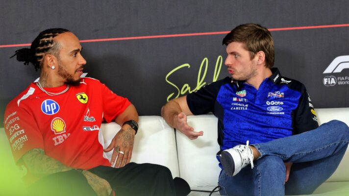 Lewis Hamilton, Ferrari, left, and Max Verstappen, Red Bull. right, speak in a press conference at Bahrain 2026 testing
