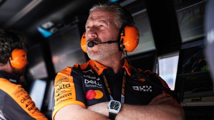 Zak Brown of McLaren on the pit wall