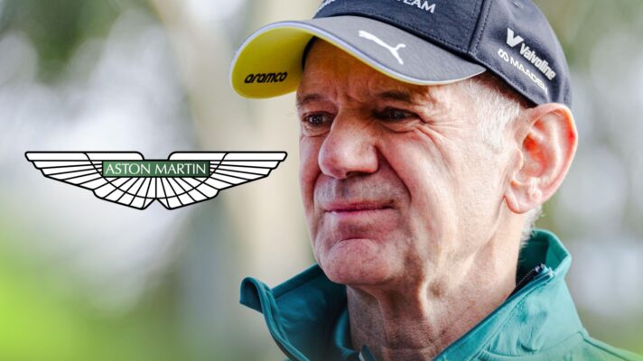 Adrian Newey pictured at the 2026 Australian Grand Prix, as an Aston Martin logo appears on the left
