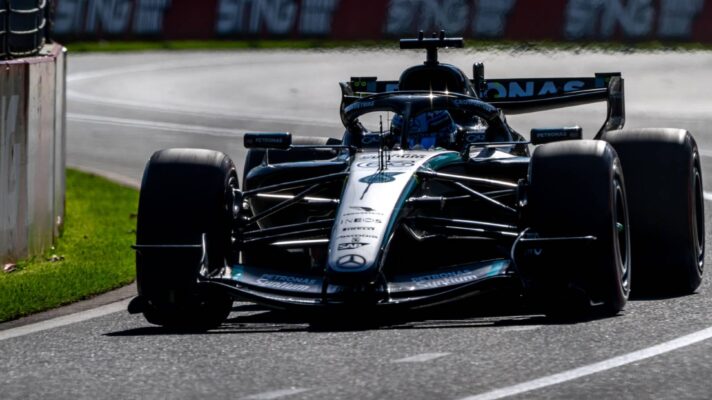 Mercedes' George Russell on track during the 2026 Australian Grand Prix.