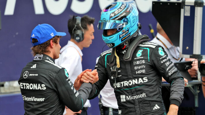 Kimi Antonelli and George Russell shake hands after Mercedes 1-2