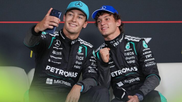 George Russell and Kimi Antonelli pose for a selfie after dominating 2026 Australian GP qualifying