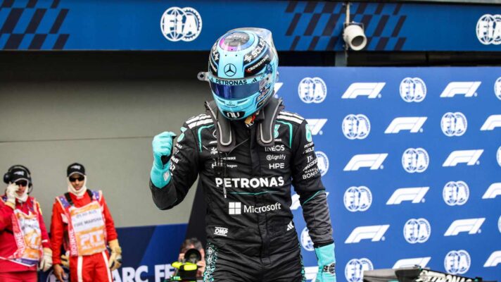 George Russell celebrates pole at the Australian Grand Prix.