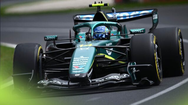 Fernando Alonso drives the AMR26 in Melbourne.