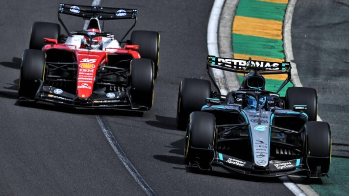 George Russell, Mercedes, and Charles Leclerc, Ferrari, battle at the 2026 Australian Grand Prix