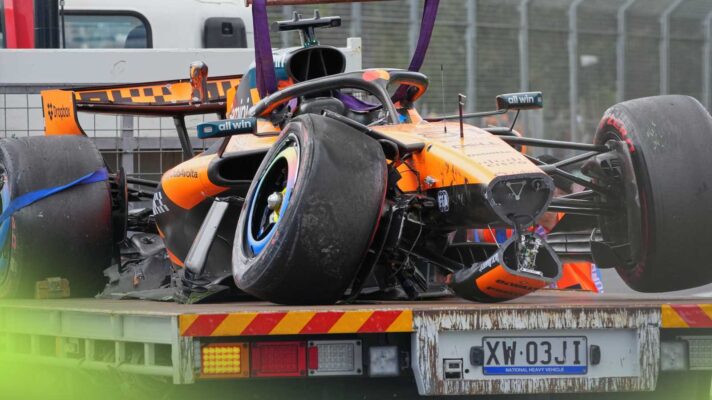 The wreck of the McLaren MCL40 driven by Oscar Piastri on a low loader.