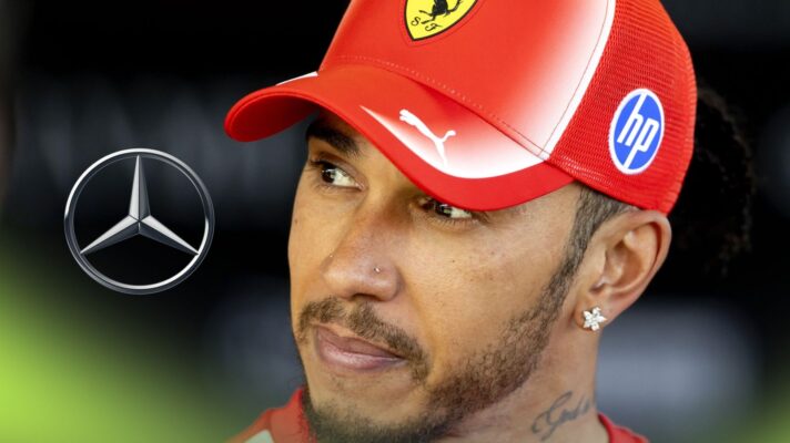 Lewis Hamilton, Ferrari, looks towards a Mercedes logo, at the 2026 Australian Grand Prix