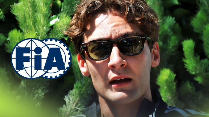 George Russell, Mercedes, pictured at the 2026 Australian Grand Prix, as an FIA logo appears on the left