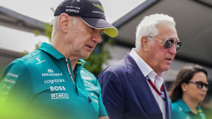 Aston Martin's Adrian Newey and Lawrence Stroll in conversation at the 2026 Australian Grand Prix