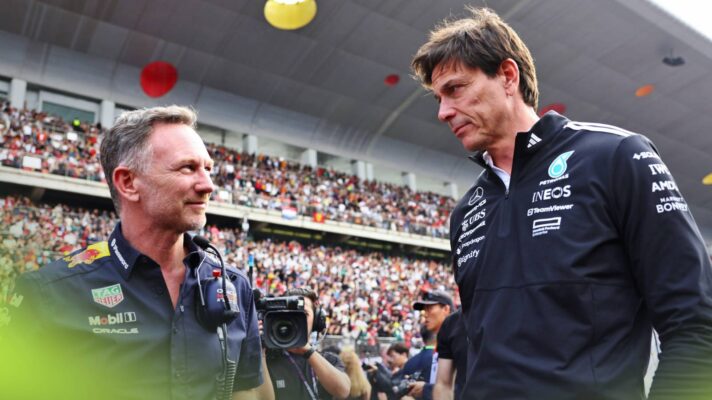 Red Bull's Christian Horner and Mercedes' Toto Wolff at the 2025 Chinese Grand Prix.