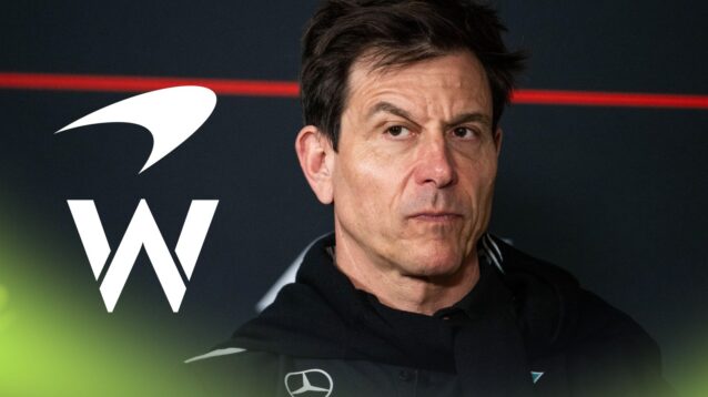 Mercedes team boss Toto Wolff pictured at the 2026 Australian Grand Prix, as McLaren and Williams logos appear on the left