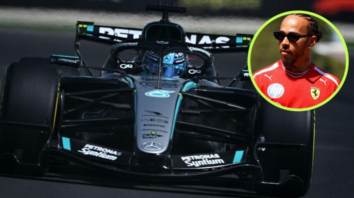 George Russell drives the Mercedes W17 at the 2026 Australian Grand Prix, as Lewis Hamilton, Ferrari, appears in a top right circle