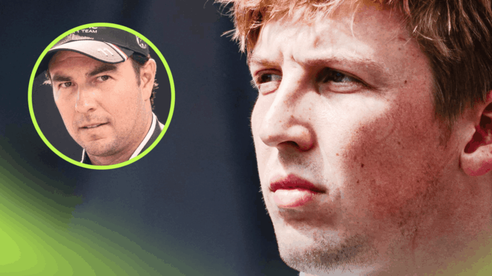 A close-up shot of Liam Lawson with an inset of Sergio Perez