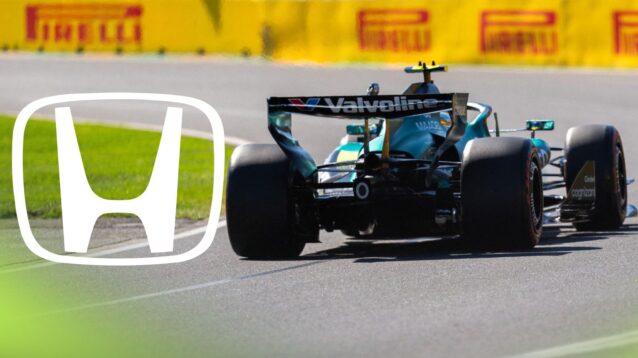 Fernando Alonso, Aston Martin, on track at the 2026 Australian Grand Prix, as a Honda logo appears on the left