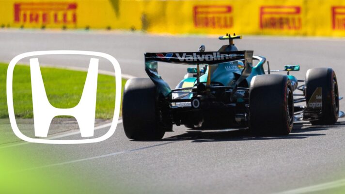 Fernando Alonso, Aston Martin, on track at the 2026 Australian Grand Prix, as a Honda logo appears on the left