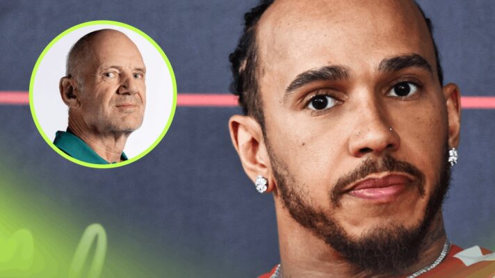 Lewis Hamilton eyes the camera during a press conference with an inset of Adrian Newey alongside him