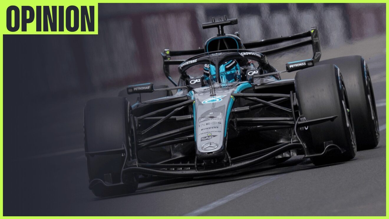 George Russell's Mercedes W17 on track in Australia with an 'opinion' tab in the top-left corner