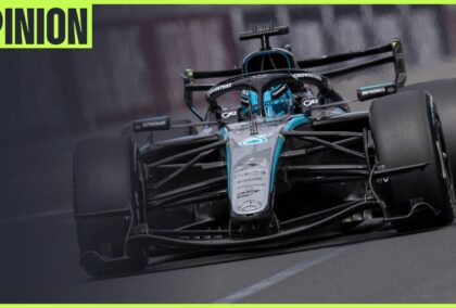 George Russell's Mercedes W17 on track in Australia with an 'opinion' tab in the top-left corner