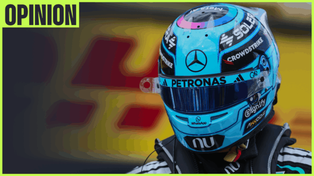 A close-up shot of George Russell wearing his helmet with an 'opinion' tab in the top-left corner