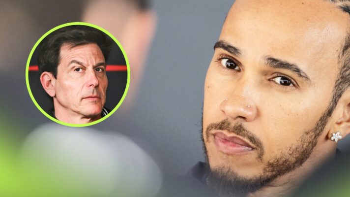 Lewis Hamilton eyes the camera with an inset of Toto Wolff