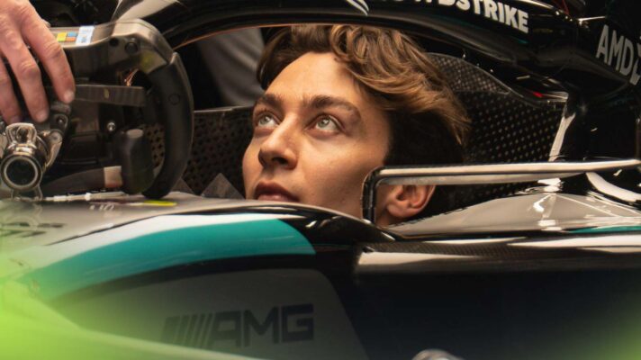 George Russell sits in the Mercedes cockpit.