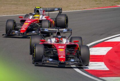 Ferrari drivers Charles Leclerc and Lewis Hamilton on track in China.